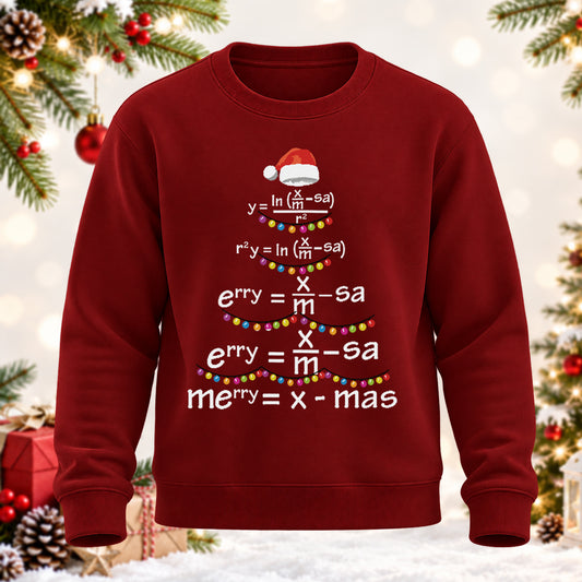 Math Teacher Christmas Gift Merry = X-mas Equation Printed Round Neck Sweatshirt