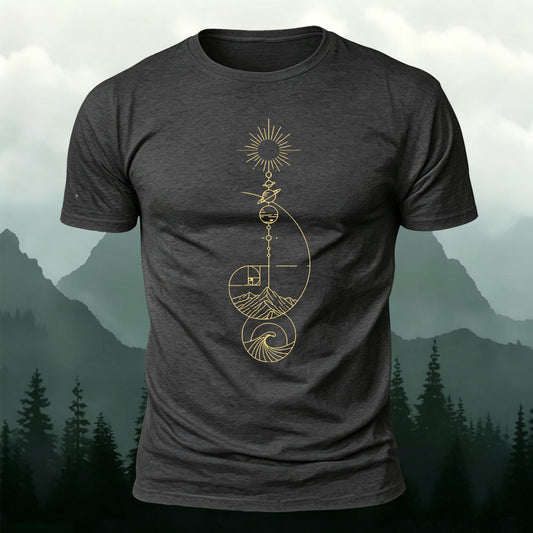 Gold Fibonacci Spiral Planets Printed Short Sleeve T-Shirt