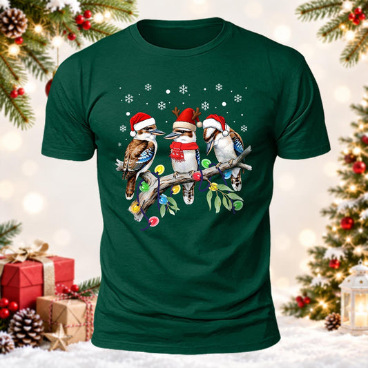 Three Kookaburra Birds Santa Hat Printed Short Sleeve T-Shirt