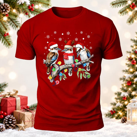 Three Kookaburra Birds Santa Hat Printed Short Sleeve T-Shirt