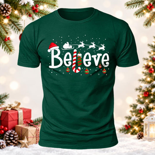 Christmas Party Gift Believe In Magic Printed Short Sleeve T-Shirt