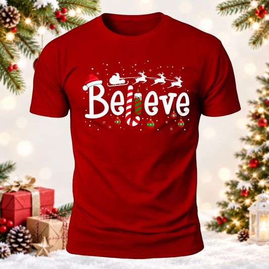 Christmas Party Gift Believe In Magic Printed Short Sleeve T-Shirt