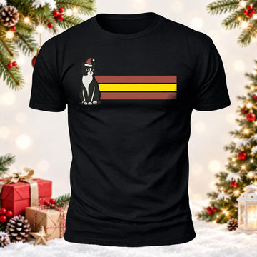 Vintage 70s Stripe Christmas Cat Printed Short Sleeve T-Shirt