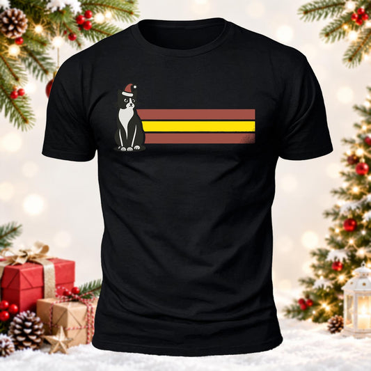 Vintage 70s Stripe Christmas Cat Printed Short Sleeve T-Shirt