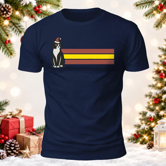Vintage 70s Stripe Christmas Cat Printed Short Sleeve T-Shirt