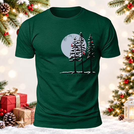 Peace On Earth Winter Moon & Red Cardinal Printed Short Sleeve T-Shirt
