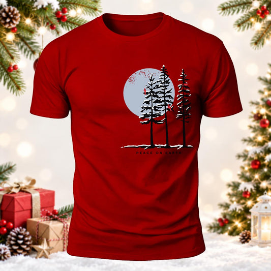 Peace On Earth Winter Moon & Red Cardinal Printed Short Sleeve T-Shirt