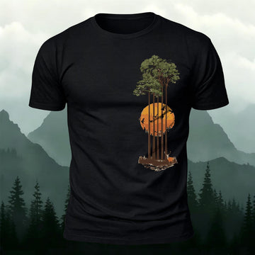 Forest Guitar Sunset Illusion Printed Short Sleeve T-Shirt