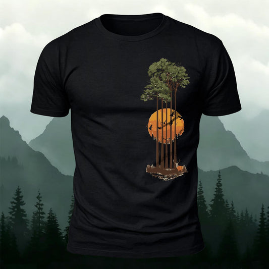 Forest Guitar Sunset Illusion Printed Short Sleeve T-Shirt