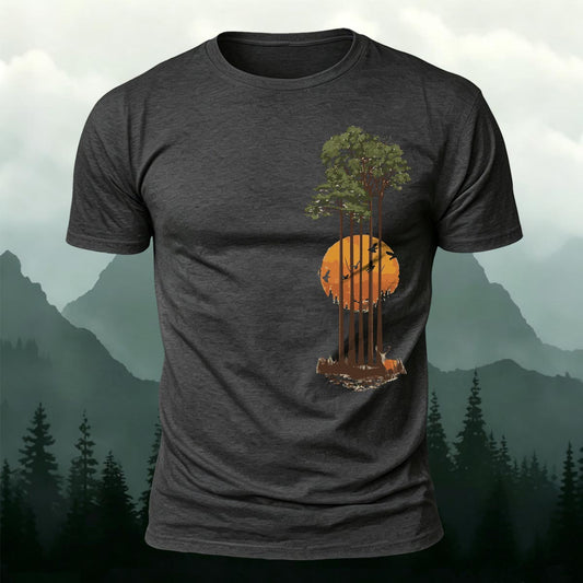 Forest Guitar Sunset Illusion Printed Short Sleeve T-Shirt