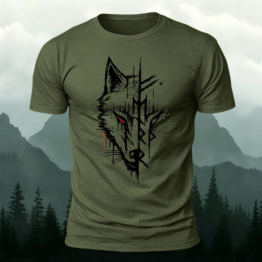 Fenrir Wolf & Norse Rune Split Printed Short Sleeve T-Shirt