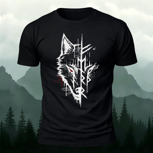Fenrir Wolf & Norse Rune Split Printed Short Sleeve T-Shirt