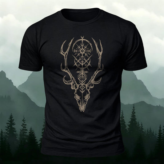 Viking Deer Skull Sacred Geometry Printed Short Sleeve T-Shirt