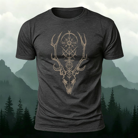 Viking Deer Skull Sacred Geometry Printed Short Sleeve T-Shirt