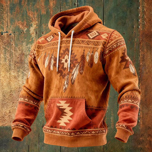 Western Aztec Feather Orange Printed Hoodie