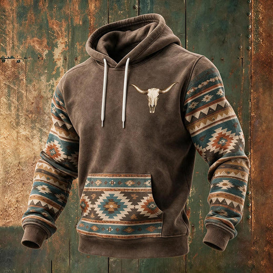 Southwestern Aztec Bull Skull Printed Hoodie