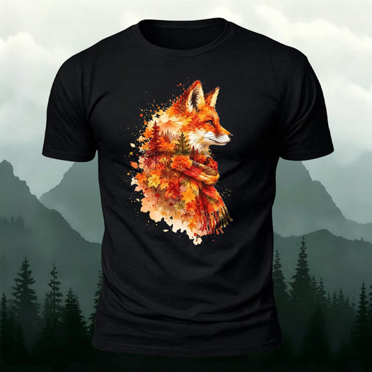Watercolor Autumn Fox & Forest Printed Short Sleeve T-Shirt