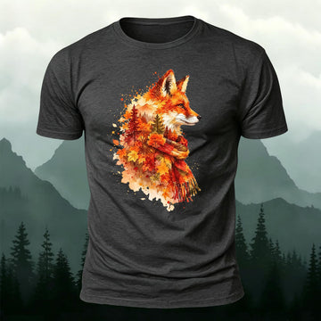 Watercolor Autumn Fox & Forest Printed Short Sleeve T-Shirt