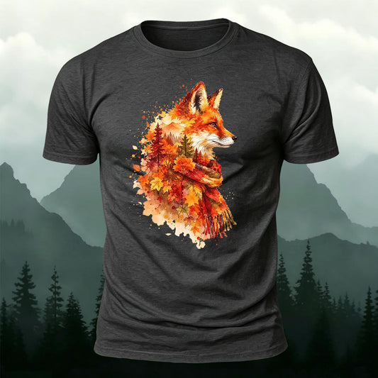 Watercolor Autumn Fox & Forest Printed Short Sleeve T-Shirt