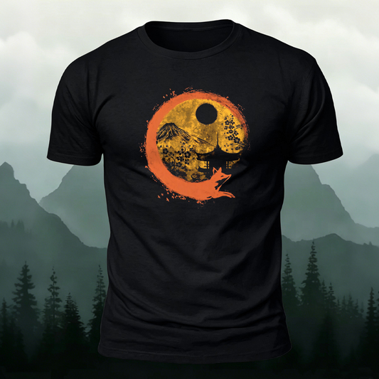 Japanese Mt. Fuji & Fox Enso  Printed Short Sleeve T-Shirt