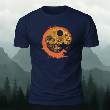 Japanese Mt. Fuji & Fox Enso  Printed Short Sleeve T-Shirt