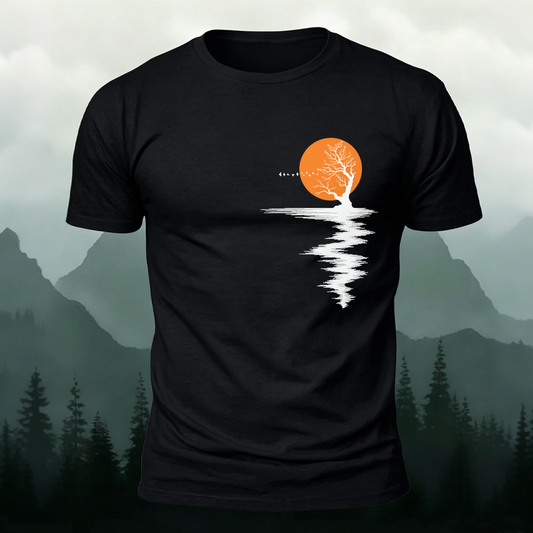 Sunset Tree & Lake Reflection Printed Short Sleeve T-Shirt