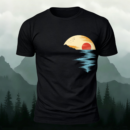 Retro Ocean Sunset & Wave Reflection Printed Short Sleeve T-Shirt