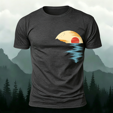 Retro Ocean Sunset & Wave Reflection Printed Short Sleeve T-Shirt