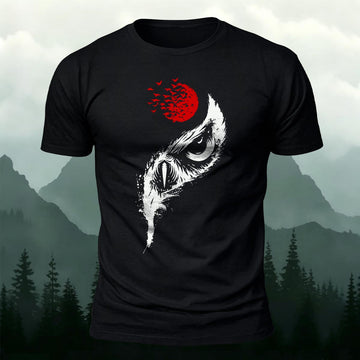Mystic Owl Eyes Feather & Blood Moon Printed Short Sleeve T-Shirt