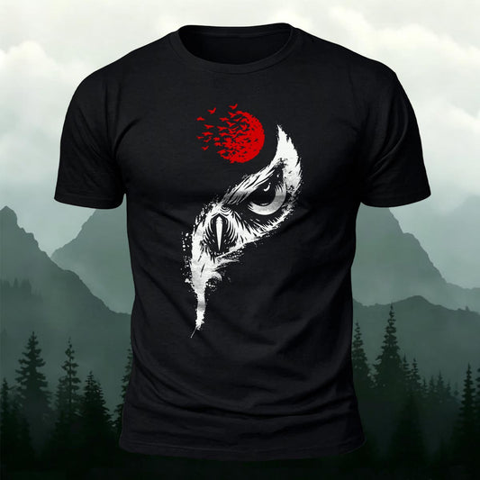 Mystic Owl Eyes Feather & Blood Moon Printed Short Sleeve T-Shirt