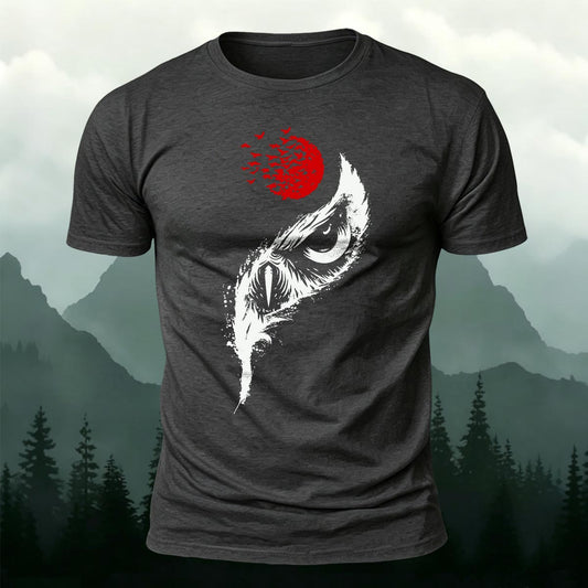 Mystic Owl Eyes Feather & Blood Moon Printed Short Sleeve T-Shirt