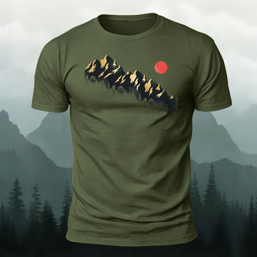 Golden Mountain Peak & Red Sun Printed Short Sleeve T-Shirt