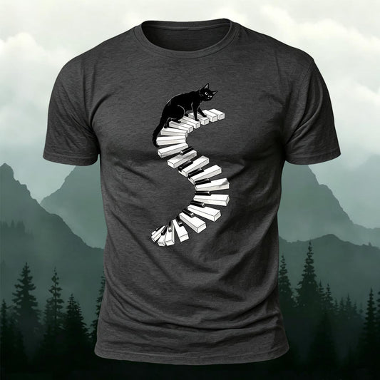 Piano Keys Walking Cat Printed Short Sleeve T-Shirt