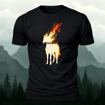 DTG Fiery White Stallion Flaming Horse Printed Short Sleeve T-Shirt
