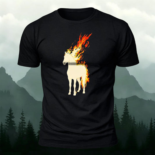 DTG Fiery White Stallion Flaming Horse Printed Short Sleeve T-Shirt