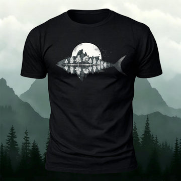 Fish Silhouette Lake & Pine Forest Reflection Printed Short Sleeve T-Shirt