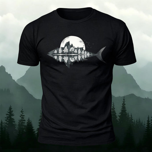 Fish Silhouette Lake & Pine Forest Reflection Printed Short Sleeve T-Shirt