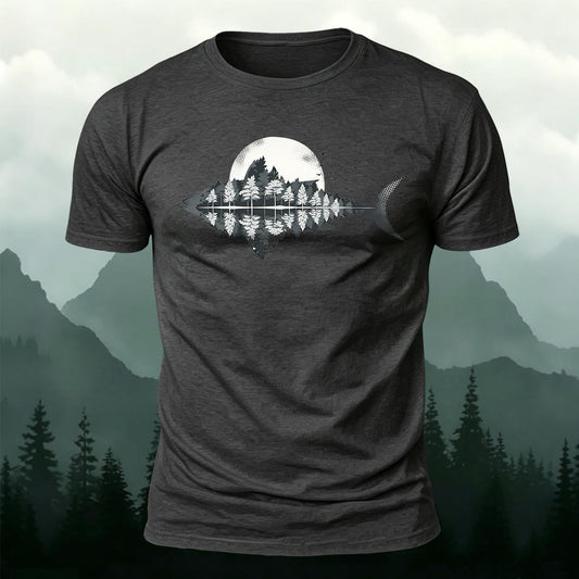 Fish Silhouette Lake & Pine Forest Reflection Printed Short Sleeve T-Shirt