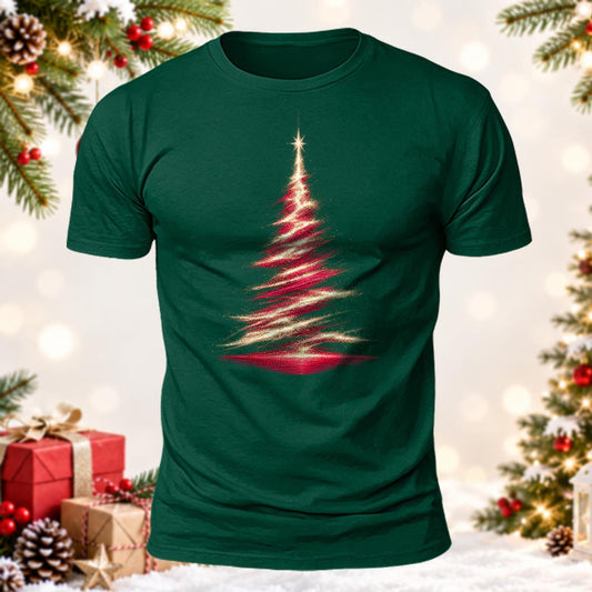 DTG Aesthetic Christmas Gift Glitter Gold & Red Christmas Tree Printed Short Sleeve T-Shirt
