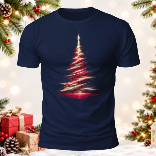 DTG Aesthetic Christmas Gift Glitter Gold & Red Christmas Tree Printed Short Sleeve T-Shirt