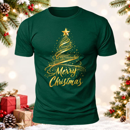 DTG Merry Christmas Gold Tree Printed Short Sleeve T-Shirt