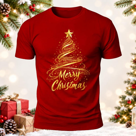 DTG Merry Christmas Gold Tree Printed Short Sleeve T-Shirt
