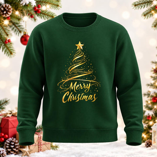 DTG Merry Christmas Gold Tree Printed Round Neck Sweatshirt