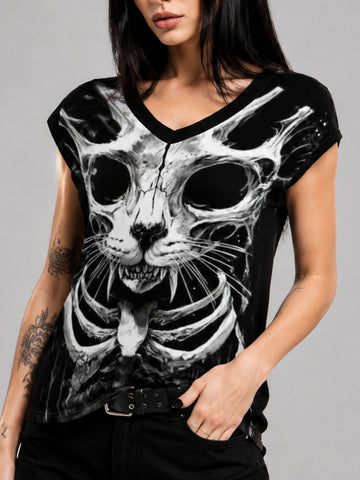 Gothic Skull Evil Cat Print V-Neck T-Shirt