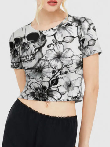 Skeleton and Romantic Flowers Crew-Neck T-Shirt