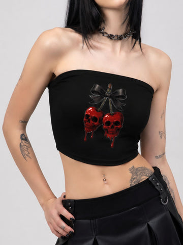 Red Cherry Skull Print Strapless Top