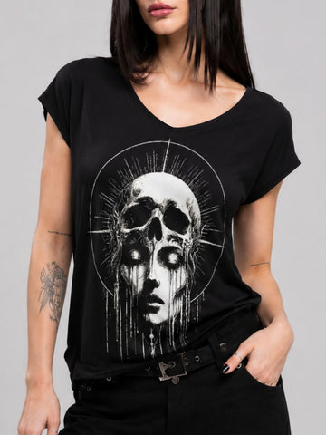 Gothic Skull Optical Illusion Print V-Neck T-Shirt