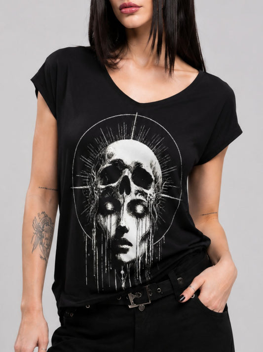 Gothic Skull Optical Illusion Print V-Neck T-Shirt