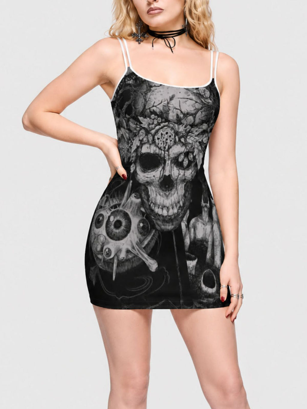 Dark Gothic Skull-Print Spaghetti-Strap Dress