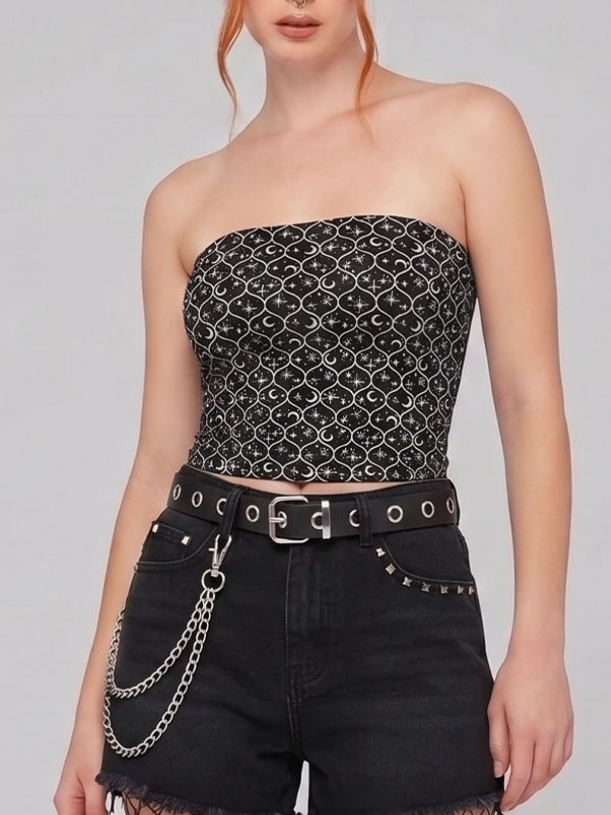 Gothic Star Moon Print Strapless Sleeveless Top